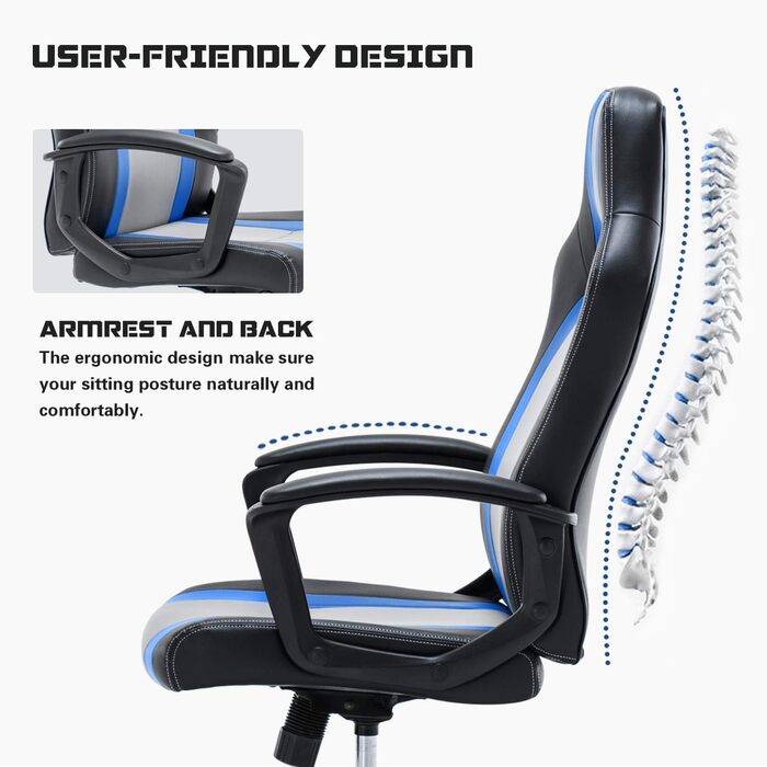 Ергономічне ігрове крісло IntimaTe WM Heart, комп'ютерне крісло з широким регулюванням, офісне крісло зі штучної шкіри, що обертається на 360 градусів, стілець 150 кг вантажопідйомність (синій)