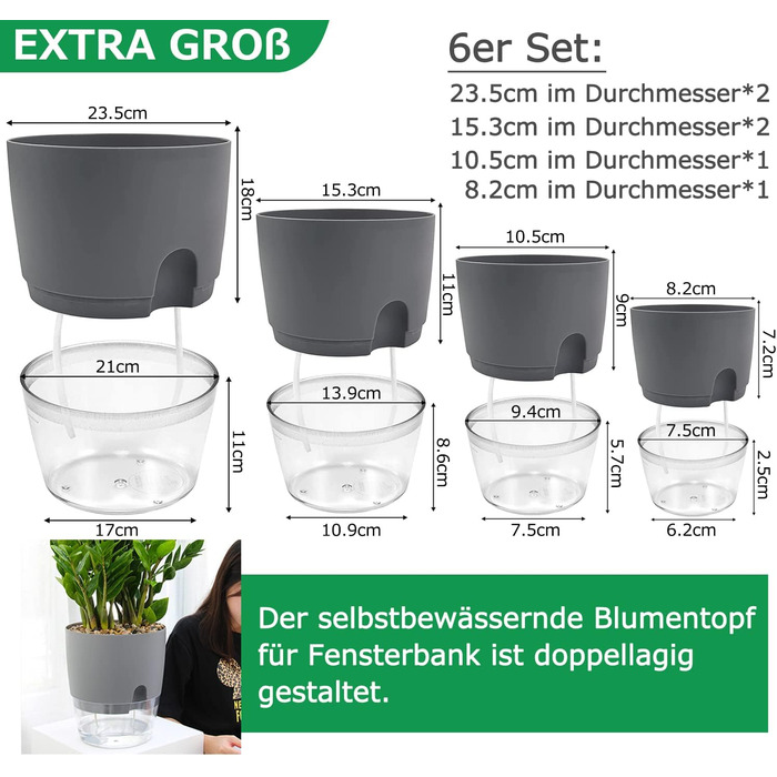 Набір горщиків для трав на кухню, самополив, 3 шт. – сад для кухні, 18.2x11x15.3 см, для свіжих кухонних трав (сірий, 6 шт.)
