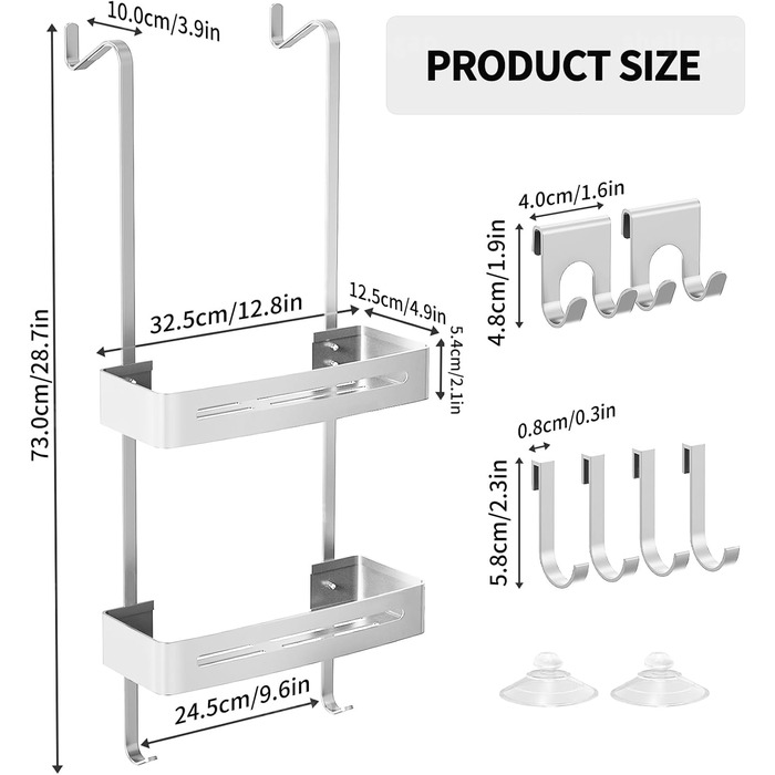 Настінна поличка для душу без свердління, чорна, для скляних душових кабін, регульована висота, 3 гачки для шампуню та гелю для душу