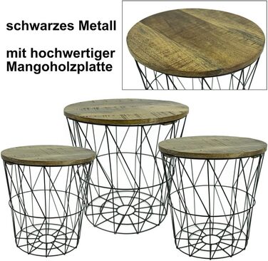 Набір з 3 металевих кошиків Бічний столик чорний - Сучасний металевий і дерев'яний стіл для вітальні - Дротяний кошик з кришкою - Круглий кошик для зберігання Журнальний столик у 3 розмірах - Стіл для вітальні (Кошик для журнального столу на 3 місця, чорн