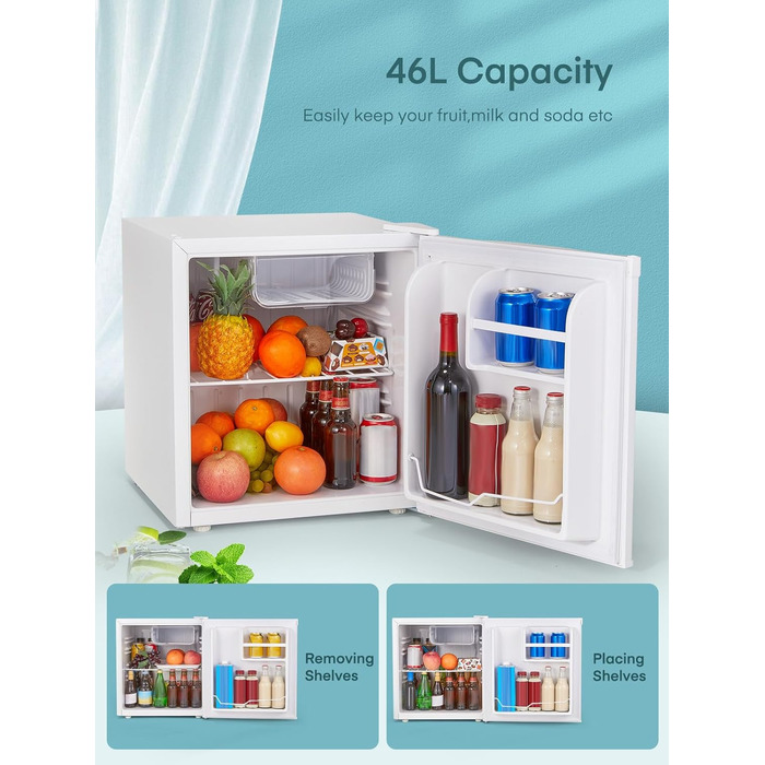Міні-холодильник FOHERE 46L з відділенням для льоду | Компактний холодильник з регулюванням температури, енергозберігаючий, тихий | Ідеальний для офісу, кемпінгу та геймінгу | Змінний бік відкривання дверцят | Білий