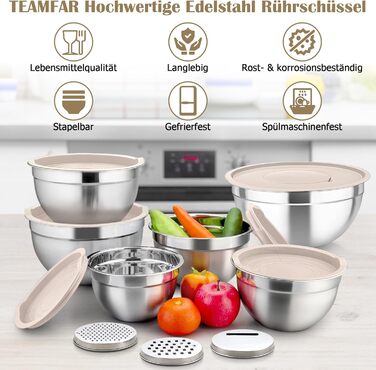 Набір салатниць TEAMFAR 6 шт. з нержавіючої сталі з кришками та силіконовими ніжками, 0,7L / 1,5L / 1,6L / 2,5L / 2,8L / 4,6L, багатофункціональний, для миття в посудомийній машині, з терками