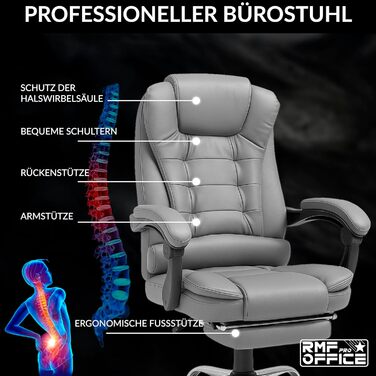 Ергономічне крісло для офісу RMF, регульоване, з підніжкою – зручне та розслаблююче крісло для робочого столу, обертається, регулювання висоти, сіре
