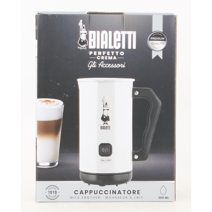 Піноутворювач молока Bialetti Elettrico, піноутворювач молока для капучино, ємність 150 мл капучино або 300 мл гарячого молока, біле біле одинарне