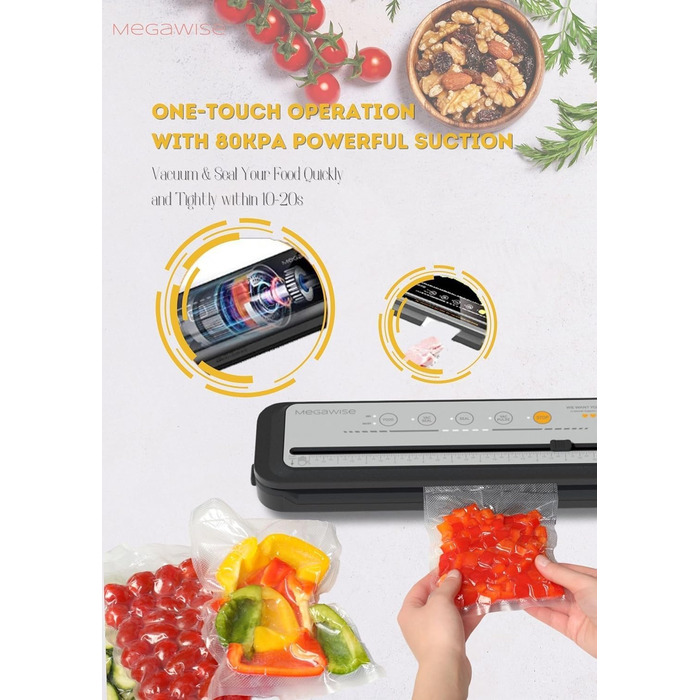 Вакууматор MegaWise — потужний компактний автоматичний вакуумний пакувальник для продуктів харчування, сірий