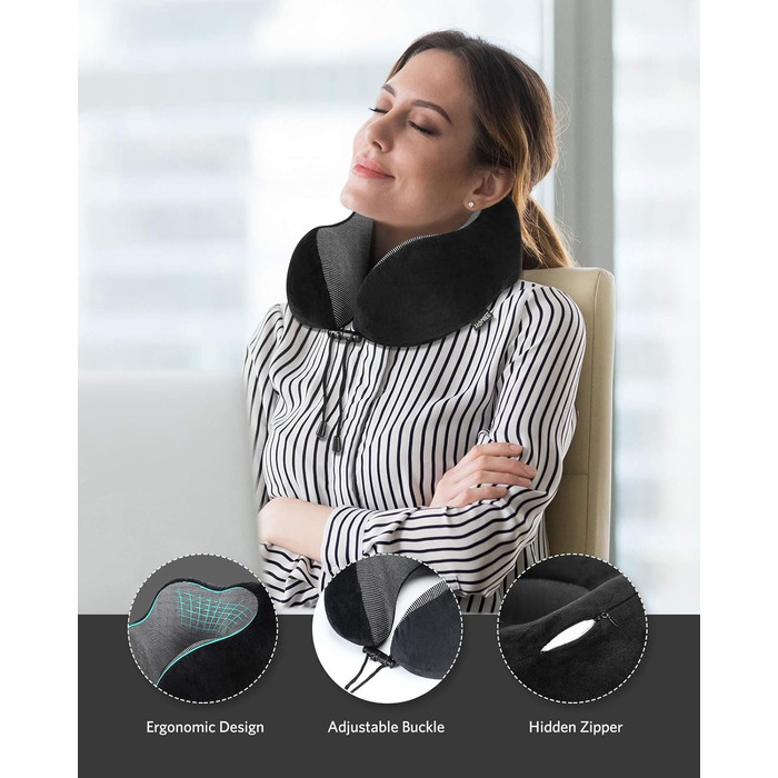 Подушка для шиї Homiee, ортопедична, з memory foam, для подорожей, авто, офісу, чорна