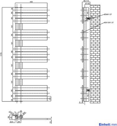 Електричний нагрівач для ванної кімнати Heilmetz Badheizkörper: сушарка для рушників, 400x1176 мм, білий, 494W, бічний підключення