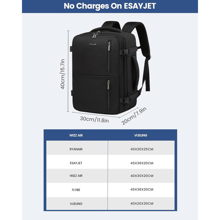 Рюкзак LOVEVOOK для ручної поклажі 40x30x20, 24л, для ноутбука 14 дюймів, з USB, чорний