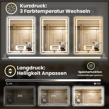 LED дзеркало для ванної кімнати 60x80 см з підсвічуванням, сенсорне керування, регулювання яскравості, 3 кольори світла, антизапар, IP44, вертикальна/горизонтальна орієнтація