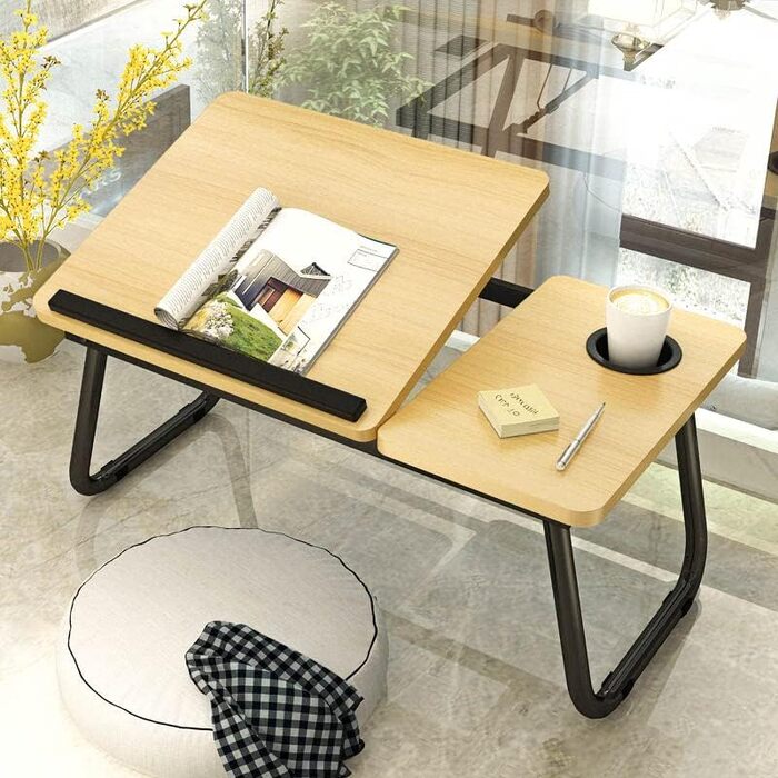 Столик для ноутбука та ліжка з регульованими ніжками та тримачем для чашки, підставка для ноутбука, піднос для сніданку, столик для читання на диван, ліжко, терасу, балкон (Білий, Горіх)