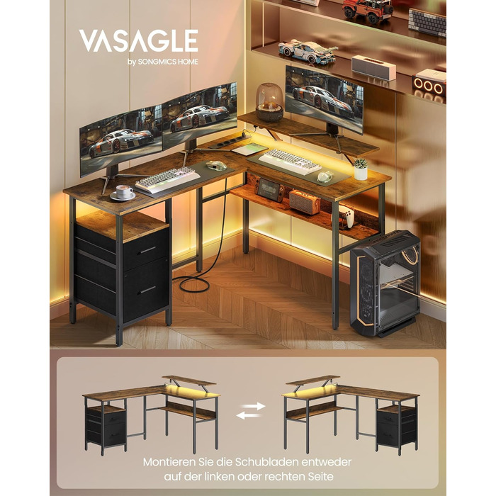 Комп'ютерний стіл VASAGLE L-подібний з розетками, LED-підсвічуванням та USB-портами, 150 x 120 x 76 см, для дому та офісу, вінтажний колір