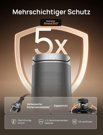 Електричний обігрівач DREO Keramikheizung 318,1500W з термостатом, захистом від перегріву та нахилу, таймером, дитячим замком, економією енергії 40%, тихий, срібний, для спальні, класичний дизайн