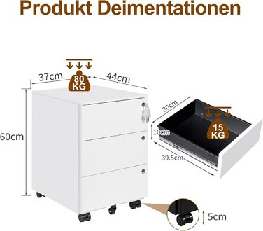 Роликовий контейнер HOMSTEEL з 3 замками, 3 висувні шухляди, для офісу та дому, білий (44T x 37B x 60H см)
