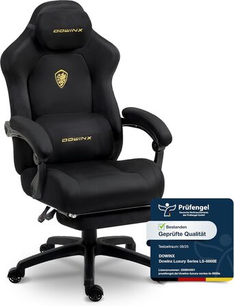 Ігровий крісло Dowinx з масажною поперековою подушкою, регульованою підголівником, потовщеним сидінням, висувною підніжкою, регульованими підлокітниками, мікрофібровим велюром, нахилом 160°, чорне