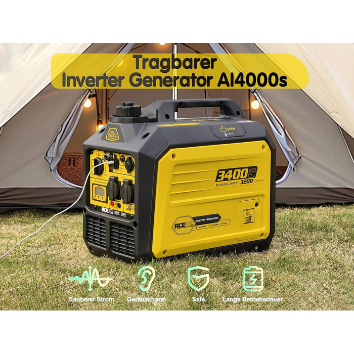 Бензиновий інверторний генератор Aceup 3400W: тихий, портативний, для дому, кемпінгу, 230V, 12V, USB, 4-тактний, 23кг