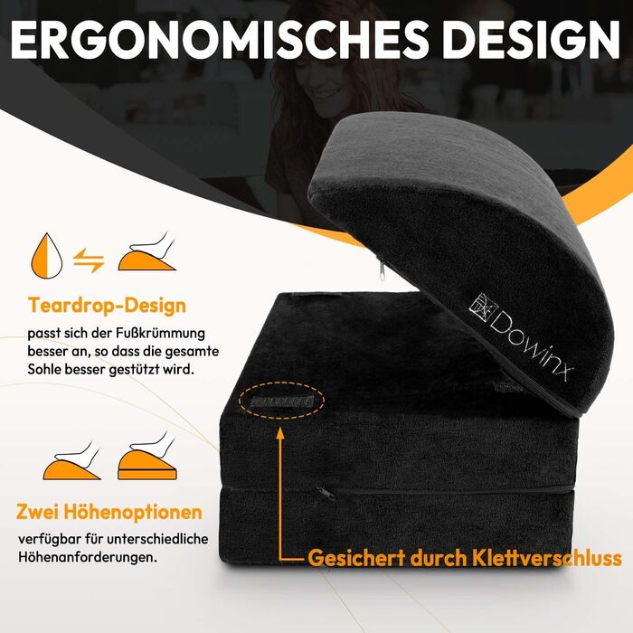 Підставка для ніг під стіл Dowinx, регульована по висоті, знімний чохол, зручна для офісу, авто, дому (3 рівня, м'яка, чорна)