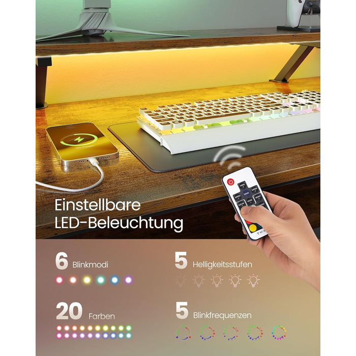 Комп'ютерний стіл VASAGLE L-подібний з розетками, LED-підсвічуванням та USB-портами, 150 x 120 x 76 см, для дому та офісу, вінтажний колір