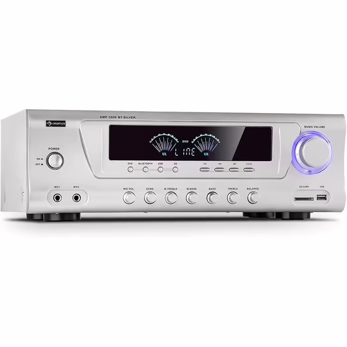 Auna AMP 3800 BT 5.0 - HiFi підсилювач 2x120 Вт + 3x50 Вт, Bluetooth, USB, SD, 2 мікрофонних входи, DVD-стерео, лінійний вихід, сріблястий