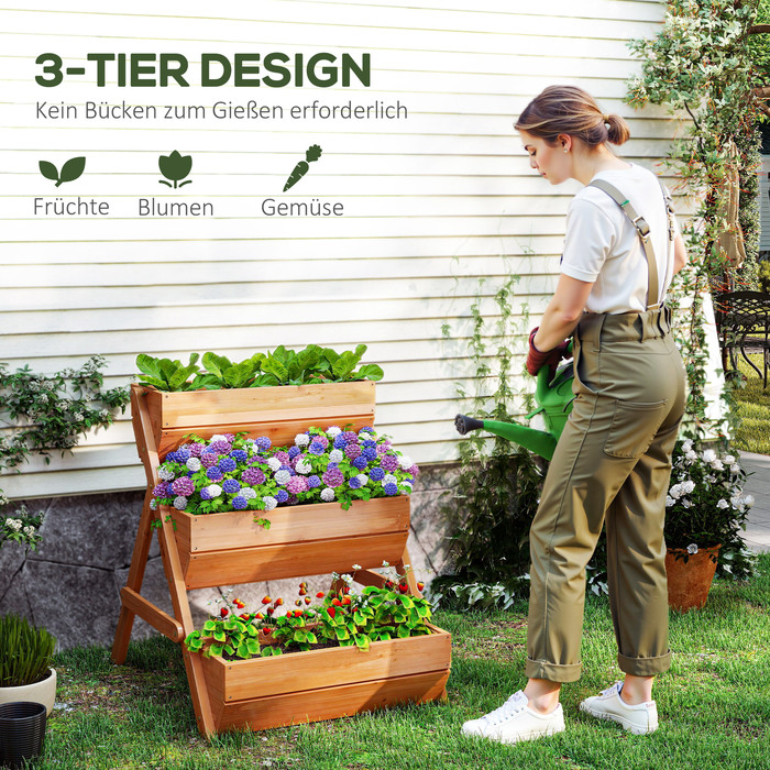 Вертикальне квіткове горщево з 3 ярусами, дерев'яний квітник з 3 посадковими касетами та дренажними отворами, коричневого кольору