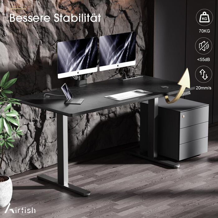 Регульований стіл Airfish з бездротовою зарядкою та USB-роз'ємом 160 x 80 см. Електричний стіл для комп'ютера з пам'яттю на 3 функції та функцією нагадування про відпочинок. Білий (140 x 70 см, Чорний)