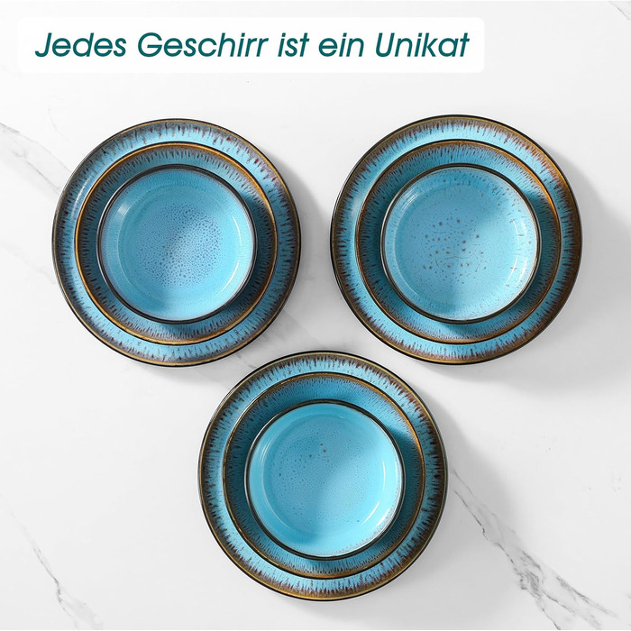 Набір посуду Steingut vancasso AMBER на 6 осіб (24 шт.) - тарілки, супові тарілки, десертні тарілки, миски, реактивна глазур, блакитний колір, придатний для миття в посудомийній машині