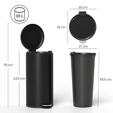 Відро для сміття 30 л з педаллю, внутрішнім відром, м'яким закриттям та кришкою. Розміри: 36 x 30 x 63,5 см, колір: чорний.