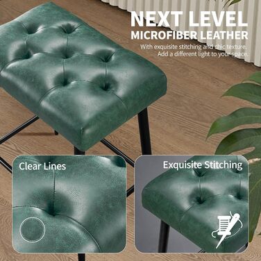 Набір з 2 барних стільців, м'яке сидіння з мікрофібри, ретро дизайн з підніжкою, висота 62.5 см, без спинки, для кухні, бістро, їдальні - сірий (зелений туфтинг)