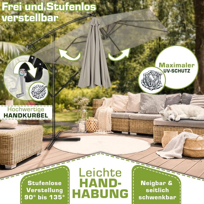 Прямокутна садова парасолька tillvex® з алюмінієвим стійкою 330 см, підвісна модель з рукояткою, захистом від UV та вітру, водонепроникна (Taupe, без LED)