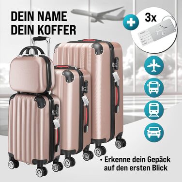 Набір валіз Monzana® 4шт з косметичкою, колір рожевий - M, L, XL - з замком, органайзером та вагами. З гелевими ручками, подвійними колесами, ніжками, телескопічною ручкою, валіза-троль, валіза з жорстким корпусом, багажний набір
