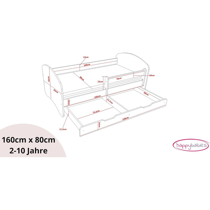 Дитяче ліжко Happy Babies з шухлядою для захисту від падіння та рейковим каркасом Молодіжне ліжко Щасливе ліжко для дівчаток з матрацом 80x160 Дитяче ліжко Біла троянда візерунок Фея (Ksiniczka Z Konikiem)