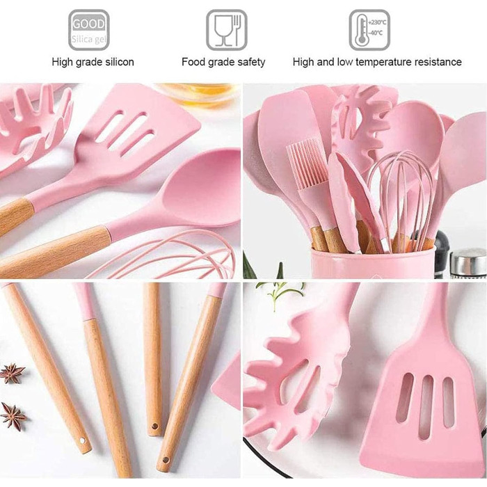 Набір кухонних аксесуарів з силікону, 28 предметів, набір лопаток з підставкою для антипригарного посуду (Рожевий)