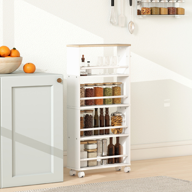 Багатофункціональна полиця на колесах, вузький дизайн, 4 відділення, 45x15x91 см, колір натуральний