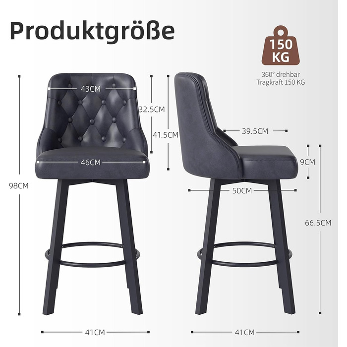 Барні стільці Youhauchair 2 шт., Чорні, регульовані, з підніжкою, 66.5 см, 150 кг