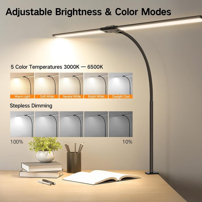 OUTON LED лампа для столу з двома головками, 85.5 см, 1600 люмен, сенсорне керування, регулювання яскравості, 5 температур кольору, таймер, пам'ять, захист очей, кріпиться за допомогою затискача, для офісу та дому, чорний