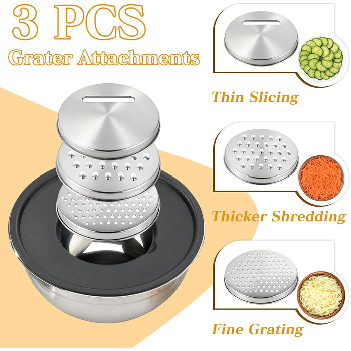 Набір міксерів Unokit з кришкою, 7 шт. з нержавіючої сталі з 3 тертками, антиковзаюча силіконова основа, набір міксерів, об'єм 4.5, 4, 3.5, 2.1, 1.5, 1.1, 0.7 Qt для змішування, подачі