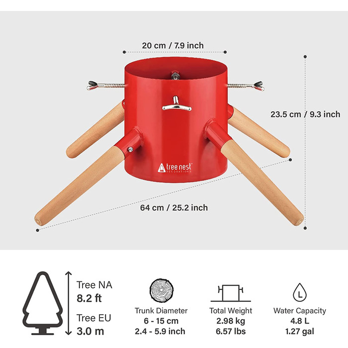 Металева підставка для різдвяної ялинки Tree Nest для справжніх дерев, довжина до 3 м, не потрібно комір для різдвяної ялинки або традиційна спідниця для ялинки Сім'я(Гранд) (червоний, великий)