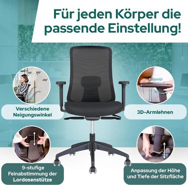 Ергономічне крісло Schekka® для офісу - переможець тестів. Індивідуальне регулювання, підтримка попереку, 3D підлокітники, дихаюча сітка. Макс. вага 150 кг, чорний колір, без підголівника.