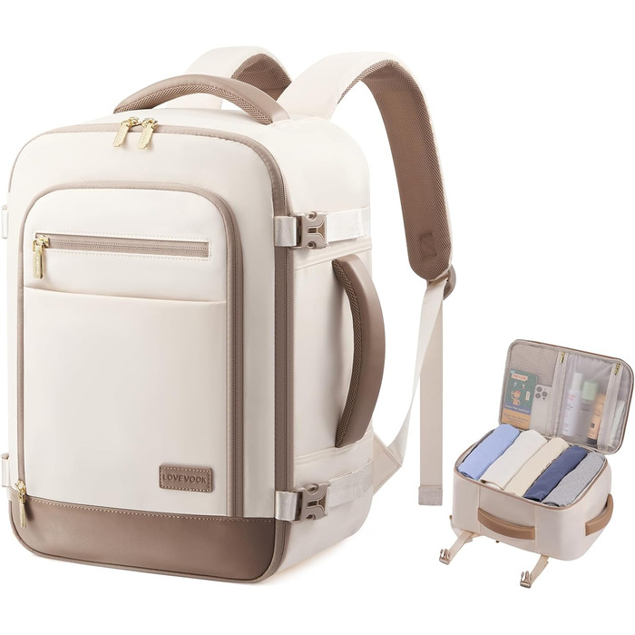 Рюкзак LOVEVOOK для ручної поклажі Ryanair, 40x20x25 см, 20L, бежевий/хакі. Підходить під вимоги авіакомпанії, для ноутбука, під сидіння літака