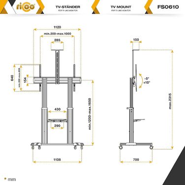 Підставка для телевізора RICOO FS3610 на коліщатках, регульована по висоті, для 55-110 дюймів, OLED, Curved, Smart TV, до 100 кг, VESA 1000x600mm