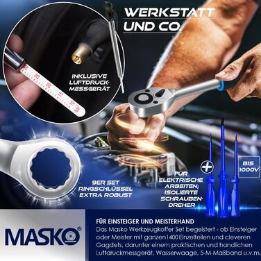 Набір інструментів MASKO 1400 предметів в алюмінієвому кейсі на колесах | Професійний інструментальний візок для дому, авто, хобі та майстерні (Синій)