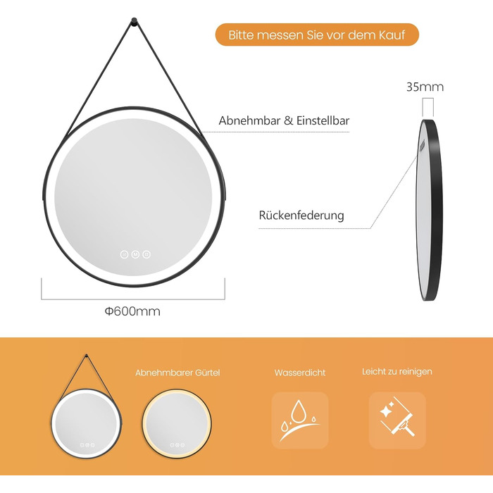 Круглий настінний дзеркало EMKE з підсвічуванням 50 см, 3 кольори світла, протизапотівання, пам'ять, сенсорне керування, таймер 3 години, енергозбереження