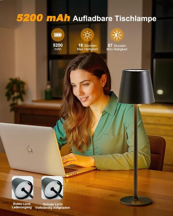 LED настільна лампа Bonsery (2 шт.) з акумулятором 5200mAh, регульована яскравість, 3 кольори світла, металева, вологостійка, 2 висоти (24/37,5 см), для дому, бару, кемпінгу, чорна
