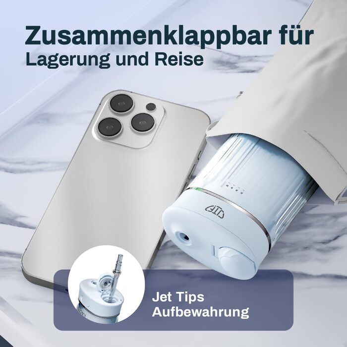 Портативний електричний іригатор для порожнини рота JTF Munddusche Mini, бездротовий, для подорожей, з 5 насадок, 4 режими, 230 мл, водонепроникний (IPX7, блакитний)