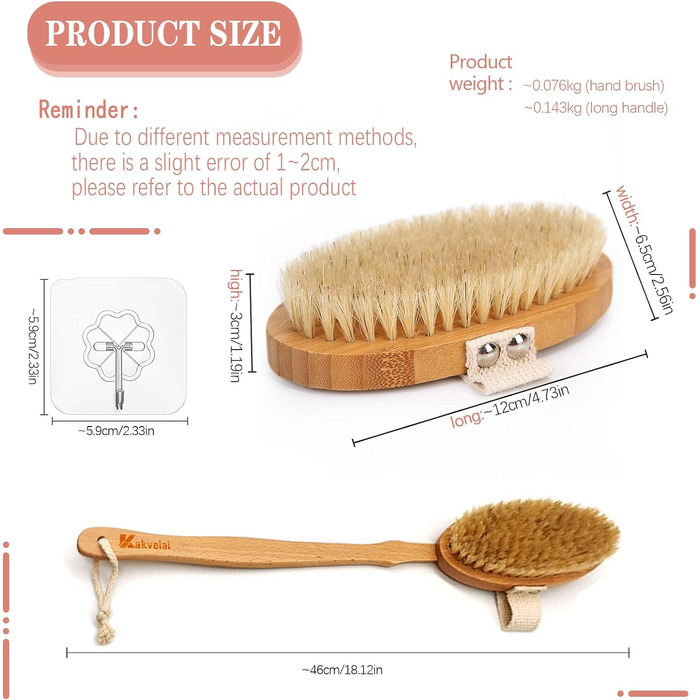 Щітка для ванни з довгою ручкою, знімною ручкою, 2 насадки, щітка для тіла, натуральна щетина (60 символів)