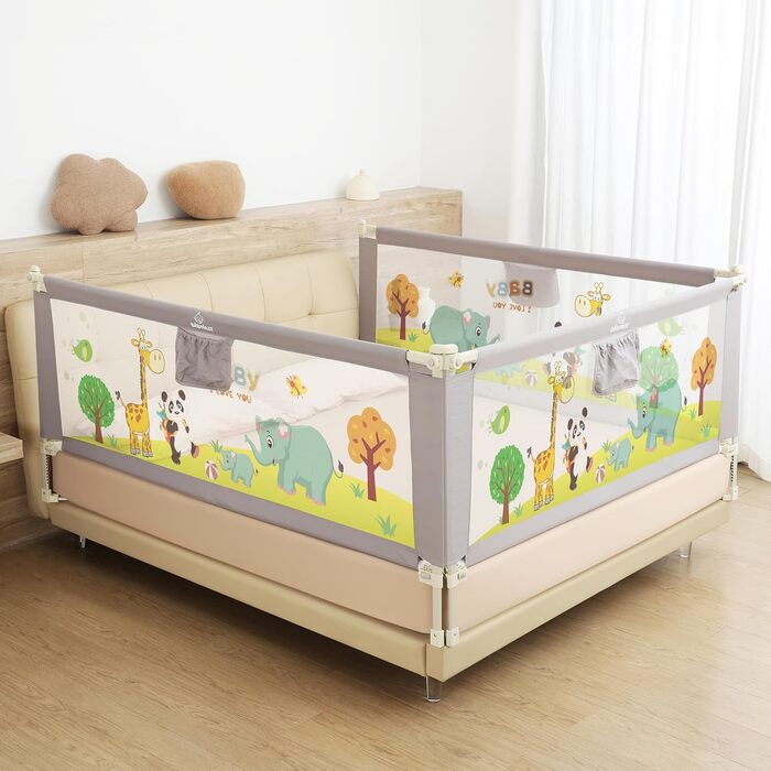 Бортики для ліжка дитячі 3 шт. (2x200 см + 1x180 см) складні, захист від випадання, малюнок 'Джунглі', для малюків та дітей