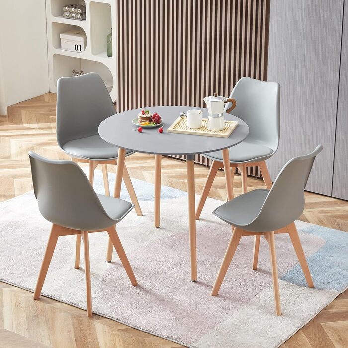 Круглий стіл DORAFAIR: скандинавський кухонний стіл, MDF, білий, 80x80x72 см, 4 ніжки, сірий