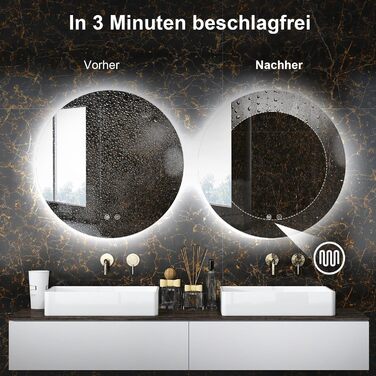 LED дзеркало для ванної кімнати з підсвічуванням Round - регульоване по яскравості з 3 кольорами світла (3500K-6500K), сенсорний вимикач, запобігає запотіванню - дзеркало для ванної кімнати з підсвічуванням для макіяжу та гоління (60см фонове освітлення)