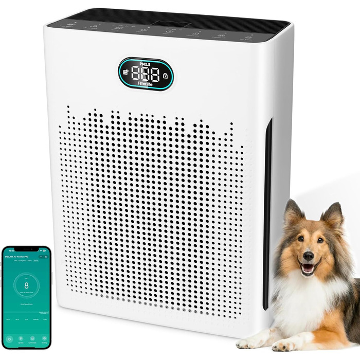 Повітряочисник HEPA з керуванням через додаток, LED-дисплей, тихий режим (22 dB), CADR 250 м³/год, для кімнат до 90 м², режим для тварин, видаляє 99,97% пилу, пилку, шерсті та запахів
