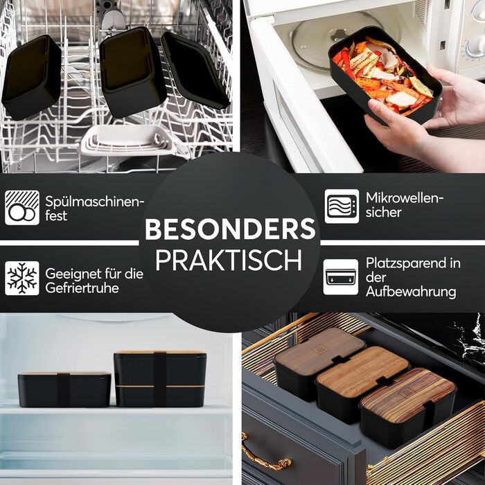 Ланчбокс Umami для дорослих, 1200 мл, з відділеннями, 4 столових прибори, для обіду/пікніка/офісу, чорний & бежевий