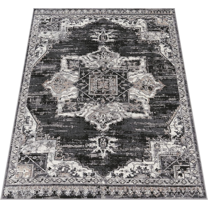 Килим Paco Home з низьким ворсом вінтажний Oriental Mandala, 80x300 см, чорний